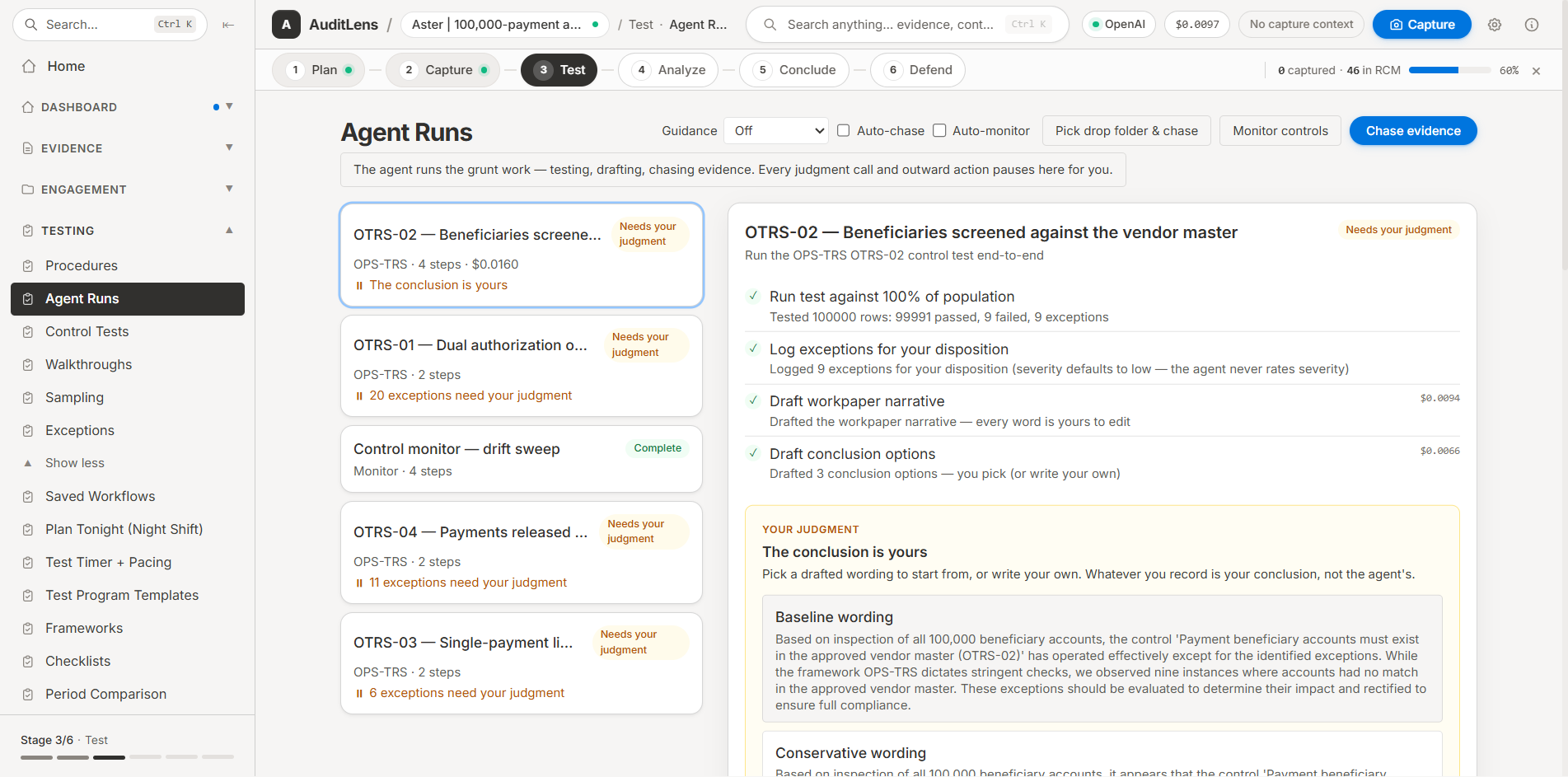 AuditLens agent runs — a control test executed end to end against 100,000 rows, with the conclusion left to the auditor