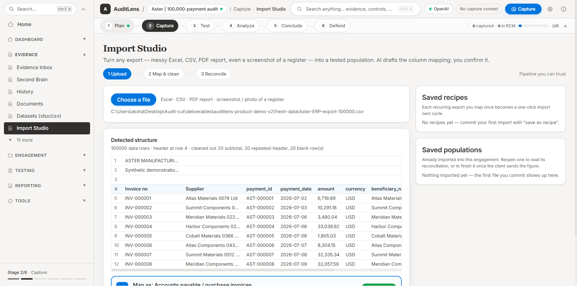 Import Studio detecting the structure of a 100,000-row payment export before it becomes a tested population